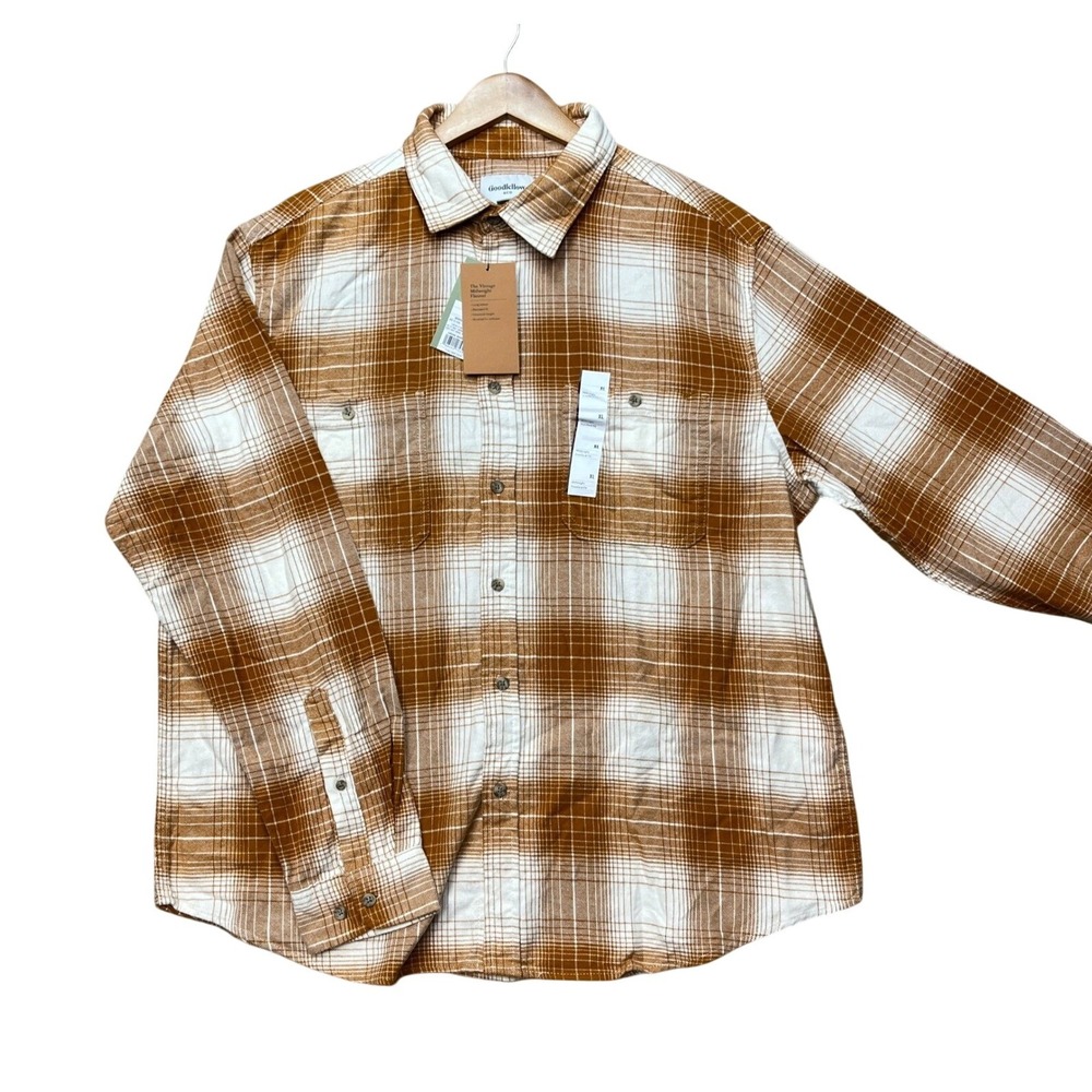 Goodfellow & Co Button Down Shirt Men XL Orange Plaid Flannel Vintage Collection